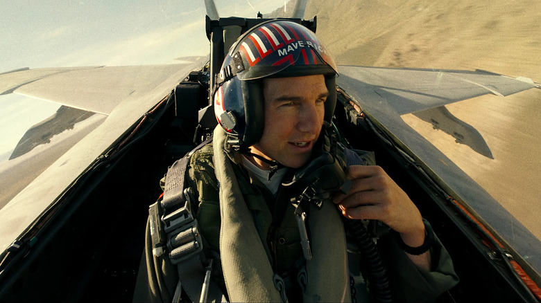 Tom Cruise as Maverick flying a plane in Top Gun Maverick
