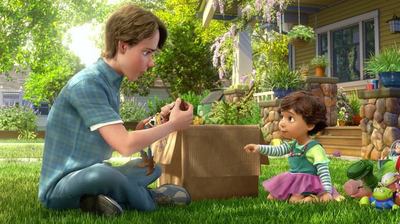 Andy giving Woody to Bonnie with his other toys in Toy Story 3