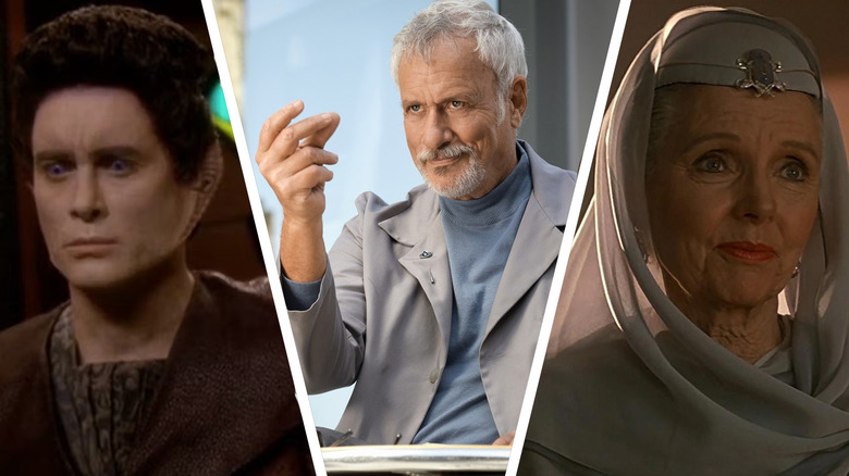 A collage of Weyoun (Jeffrey Combs) in Star Trek: Deep Space Nine, Q (John De Lancie) in Star Trek: Picard, and Amanda Grayson (Jane Wyatt) in Star Trek IV: The Voyage Home