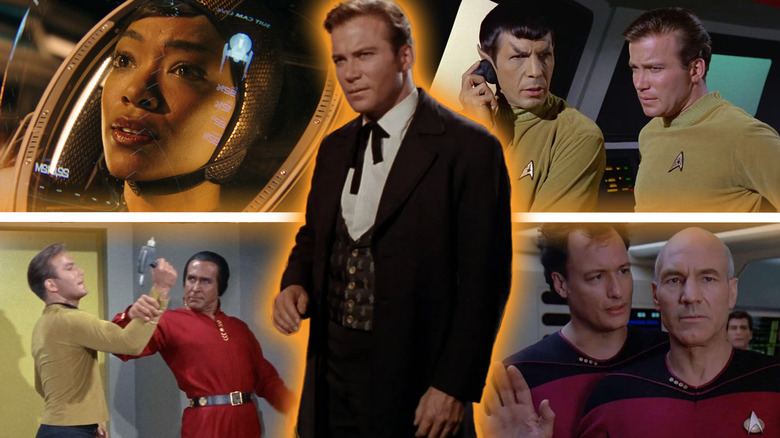 William Shatner in vintage clothes as Captain Kirk surrounded by shots from various Star Trek episodes in a composite image