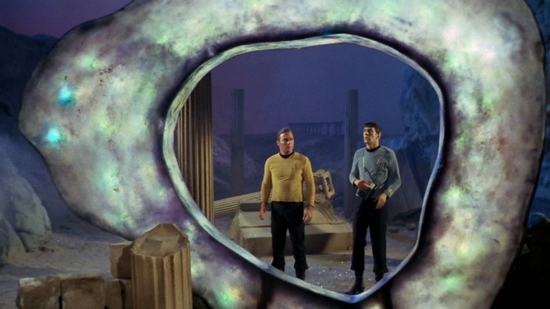 James Kirk (William Shatner) and Spock (Leonard Nimoy) examine the Guardian of Forever in Star Trek: The Original Series