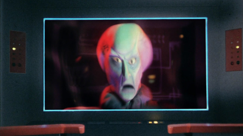 Blalock (Ted Cassidy) appears on the Enterprise viewscreen in Star Trek: The Original Series