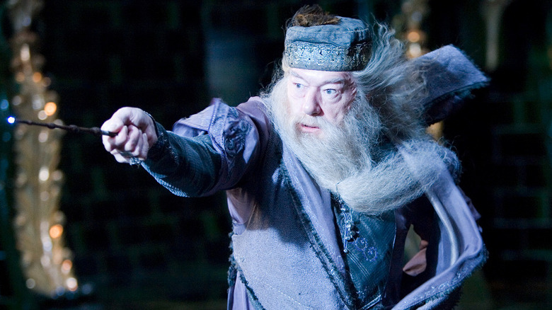 Albus Dumbledore (Michael Gambon) in a duel with Voldemort at the Ministry of Magic in Harry Potter and the Order of the Phoenix