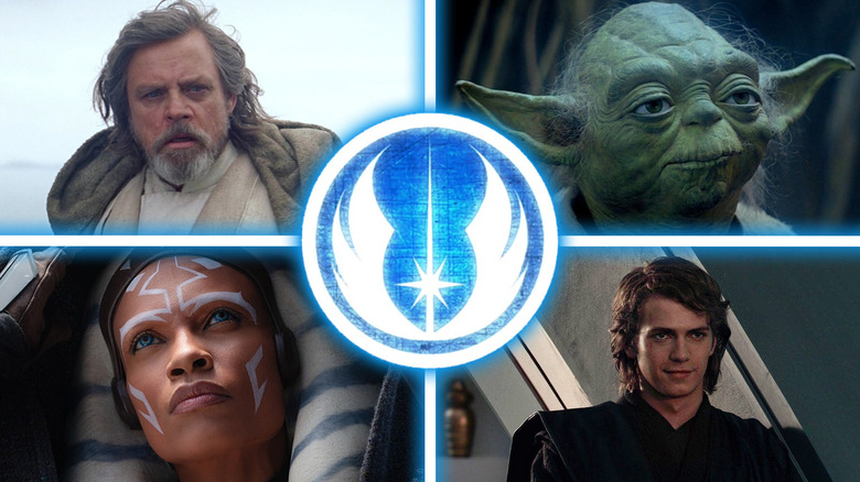 A collage with the Jedi Order symbol in the middle surrounded by Luke Skywalker (Mark Hamill) in Star Wars: The Last Jedi, Yoda (Frank Oz) in The Empire Strikes Back, Anakin Skywalker (Hayden Christensen) in Star Wars Episode III: Revenge of the Sith, and Ahsoka Tano (Rosario Dawson) in Ahsoka