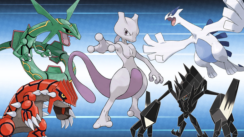 Mewtwo, Lugia, Rayquaza, Grouson, and Necrozma in a composite image