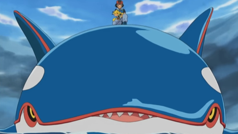Ash and Pikachu on top of Kyogre on Pokémon: Advanced Battle