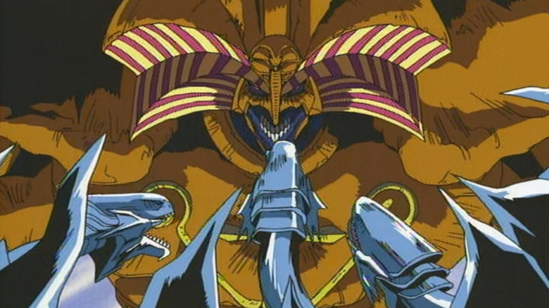 Exodia facing three Blue-Eyes White Dragons on Yu-Gi-Oh!