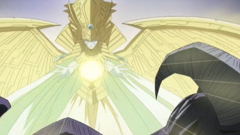 Holactie the Creator of Light summoning a light beam in Yu-Gi-Oh!