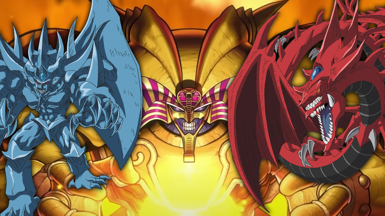 Obelisk the Tormentor, Exodia the Forbidden One, and Slifer the Sky Dragon next to one another