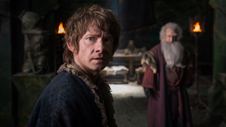 Martin Freeman as Bilbo Baggins looks worried in The Hobbit: Battle of the Five Armies