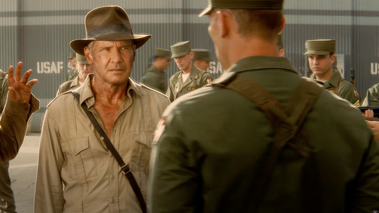 Harrison Ford as Indiana Jones stares down a Russian in Indiana Jones and the Kingdom of the Crystal Skull