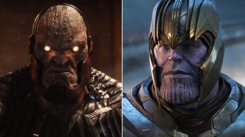 Darkseid (Ray Porter) from Zack Snyder's Justice League next to Thanos (Josh Brolin) from Avengers: Endgame