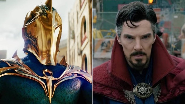 Doctor Fate (Pierce Brosnan) floating in Black Adam next to Doctor Strange (Benedict Cumberbatch) in a street in Doctor Strange in the Multiverse of Madness