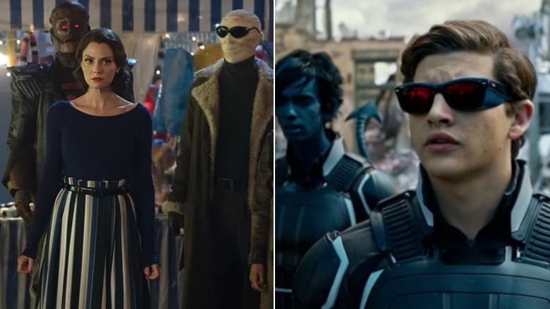 Rita (April Bowlby), Cliff (Brendan Fraser), and Mr. Nobody (Alan Tudyk) in Doom Patrol next to Nightcrawler (Kodi Smit-McPhee) and Cyclops (Tye Sheridan) in X-Men: Apocalypse