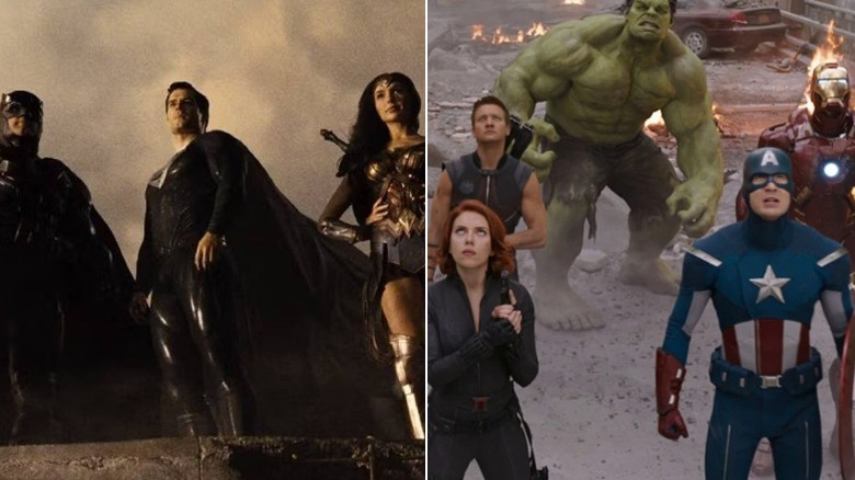 Justice League lined up in Zack Snyder's Justice League next to the Avengers from 2012's The Avengers