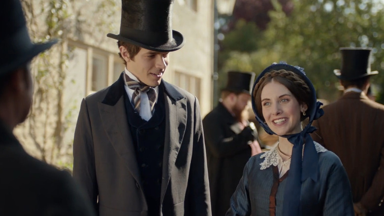 Frank Gresham (Harry Richardson) looks down at Miss Dunstable (Alison Brie) in Doctor Thorne