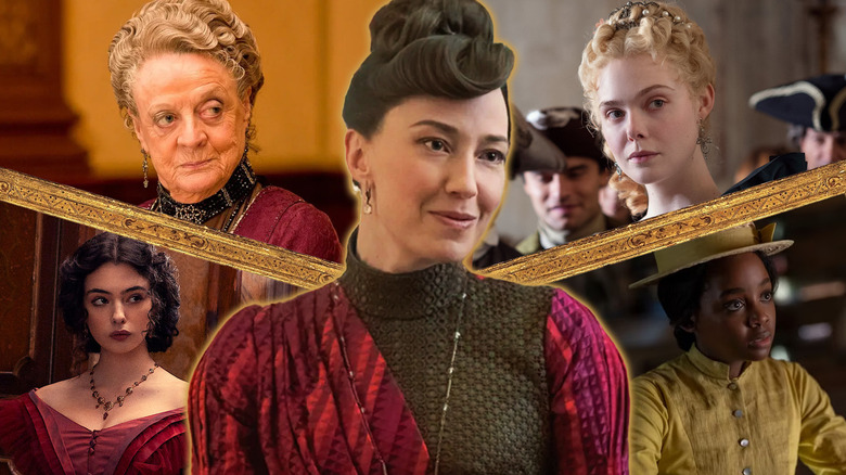 Images from Downton Abbey, The Great, The Leopard, and The Underground Railroad around Carrie Coon in The Gilded Age
