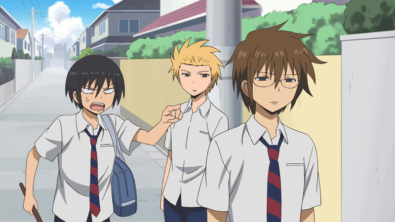 Tadakuni angrily points at Hidenori Tabata as Yoshitake Tanaka watches in Daily Lives of High School Boys
