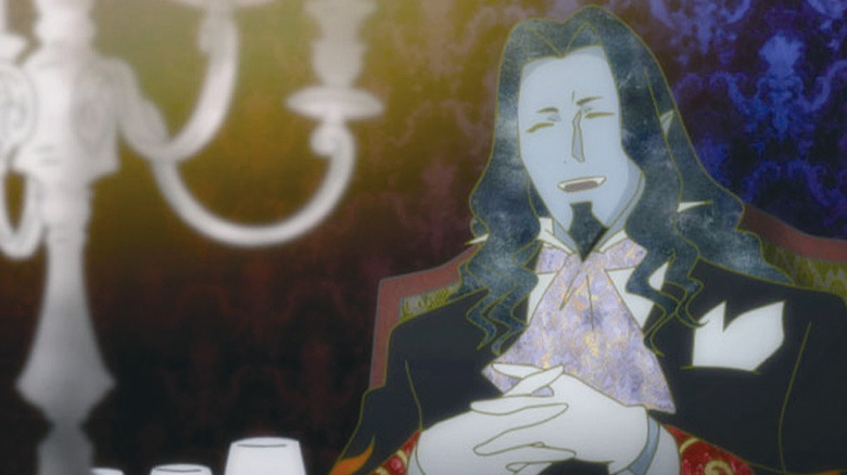 Edmund Dantes laughs at a dinner table in Gankutsuou: The Count of Monte Cristo