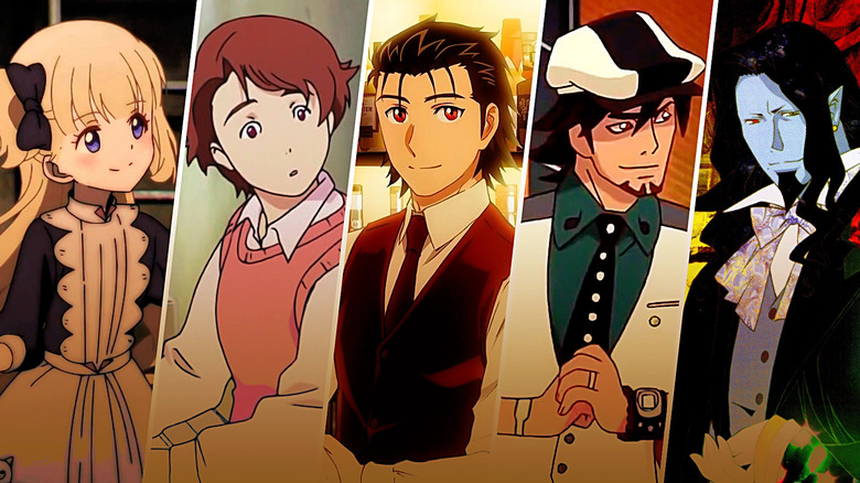 A collage of Emilico in Shadows House, Ai Tanabe in Planetes, Ryū Sasakura in Bartender: Glass of God, Kotetsu T. Kaburagi in Tiger & Bunny, and Edmund Dantes in Gankutsuou: The Count of Monte Cristo standing in a row