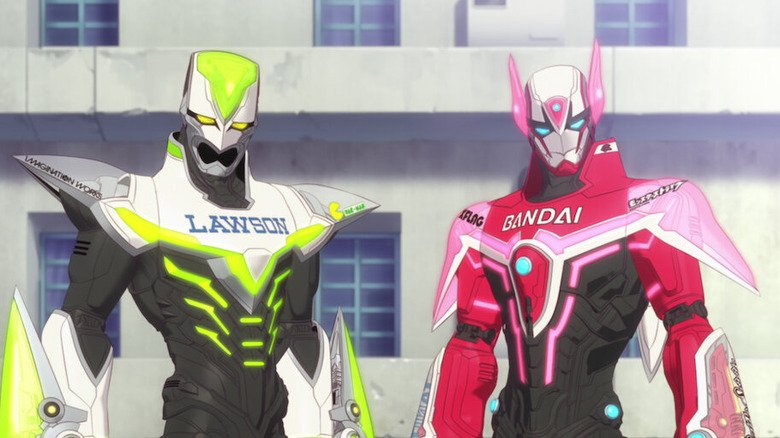 Kotetsu T. Kaburagi and Barnaby Brooks stand next to each other in their power suits in Tiger & Bunny