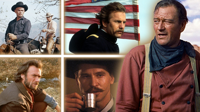 Ethan Edwards (John Wayne) in The Searchers next to shots from The Magnificent Seven (1960), Dances with Wolves, The Outlaw Josey Wales, and Tombstone in a composite image
