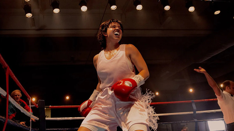 Sydney Sweeney as Christy Salters Martin, cheering in the boxing ring in Christy