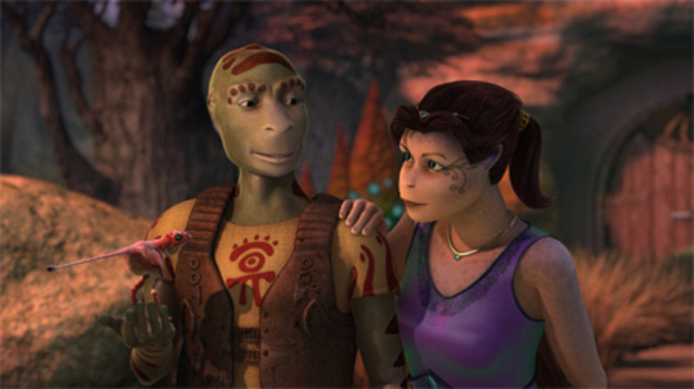 Delgo and Princess Kyla look at a small creature together in Delgo