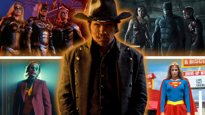 Josh Brolin as Jonah Hex, surrounded by shots from Batman & Robin, Justice League (2017), Supergirl (1984), and Joker: Folie á Deux in a composite image