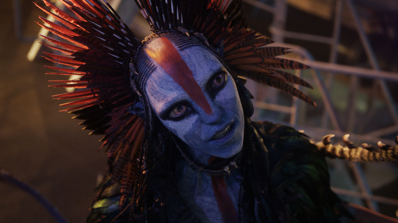 Varang (Oona Chaplin) wearing a headdress in Avatar: Fire and Ash