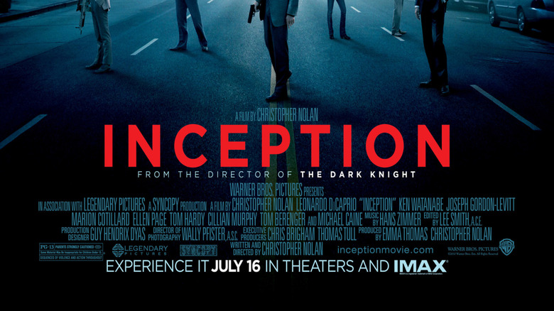 Arthur, Emes, Cobb, Ariadne, Yusuf, and Saito on the street on the poster for Inception