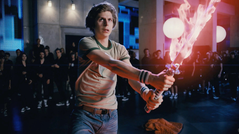 Michael Cera as Scott Pilgrim holding his red sword during the final battle in Scott Pilgrim vs. the World