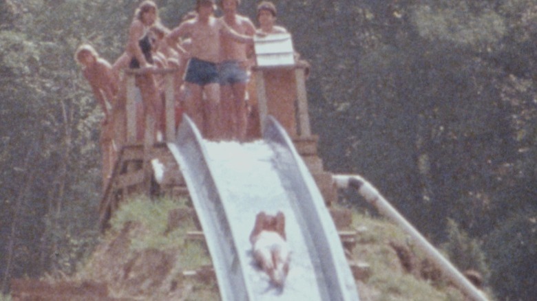 1980s teenagers on water slide