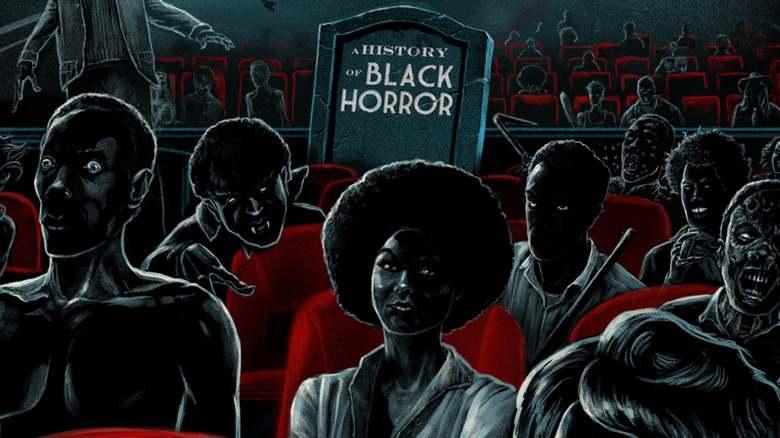 Black horror figures seated in movie theater
