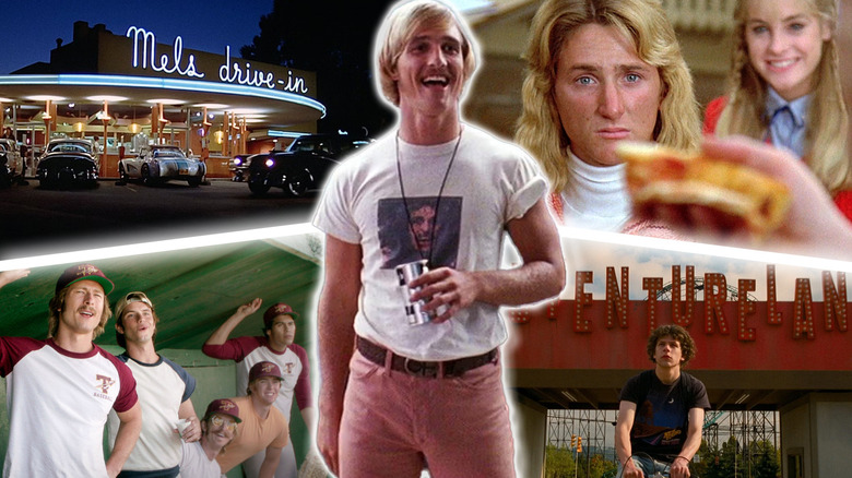 Shots from American Graffiti, Fast Times at Ridgemont High, Everybody Wants Some, and Adventureland around Matthew McConaughey in Dazed and Confused