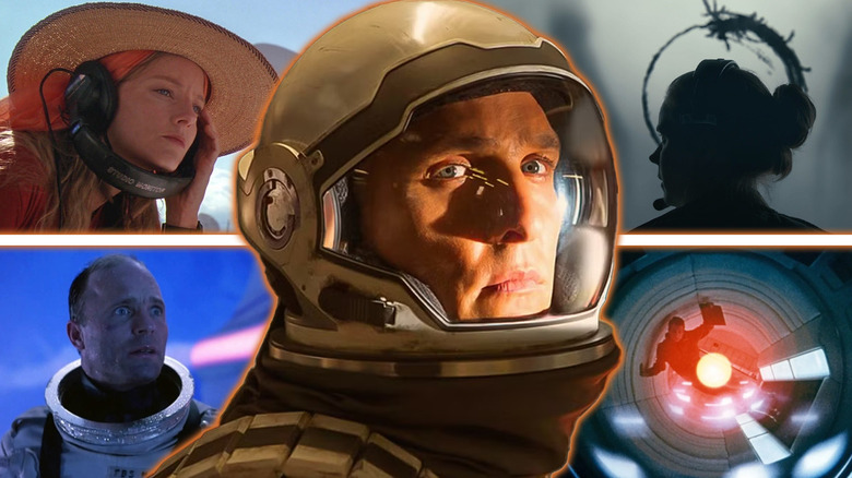 Shots from Contact, Arrival, The Abyss and 2001: A Space Odyssey around a shot of Matthew McConaughey in a spacesuit in Interstellar