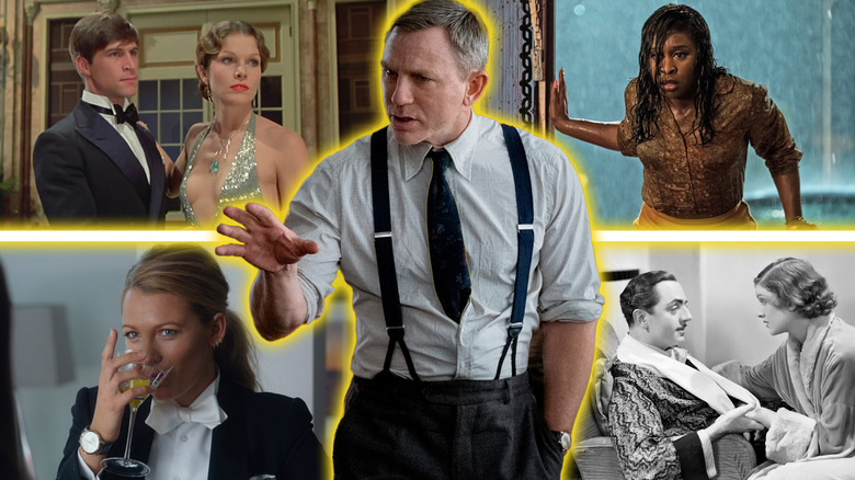 Shots from Death on the Nile (1978), Bad Times at the El Royale, A Simple Favor, and The Thin Man around Daniel Craig as Benoit Blanc in Knives Out