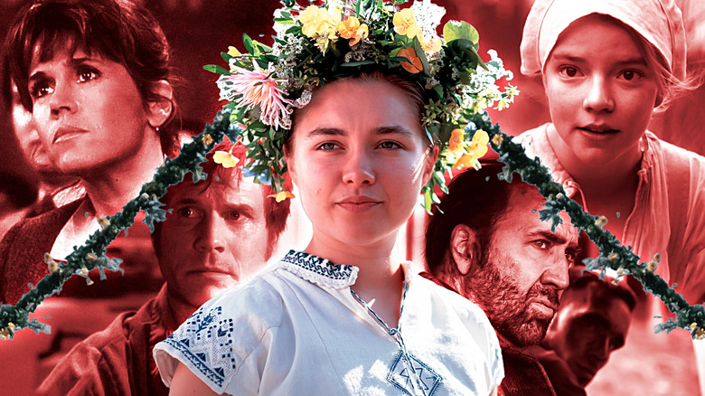 Florence Pugh from Midsommar in the middle, surrounded by Anya Taylor Joy in The Witch, Nicolas Cage in Mandy, Bill Paxton in Frailty, and Jane Fonda in Agnes of God in a composite image