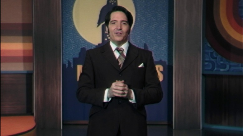 Jack Delroy (David Dastmalchian) hosts his late show with occasionally scratchy 70's footage, in Late Night with the Devil