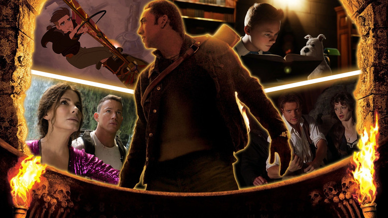 Composite image featuring frames from Treasure Planet, the Adventures of Tintin, The Lost City, and The Mummy, set behind Nicolas Cage as Ben Gates in National Treasure
