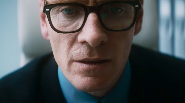 Michael Fassbender's George Woodhouse is seen in extreme closeup in Black Bag
