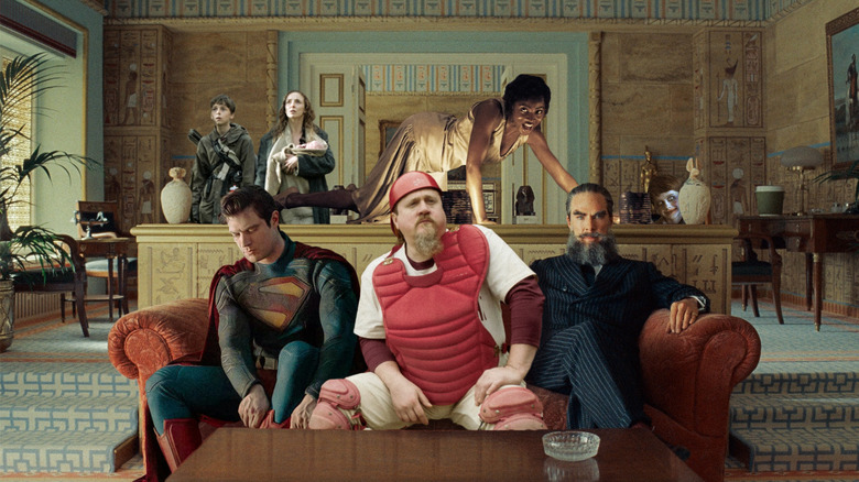 Collage of characters from Superman, Sinners, 28 Years Later, Weapons, Eephus, and The Phoenician Scheme