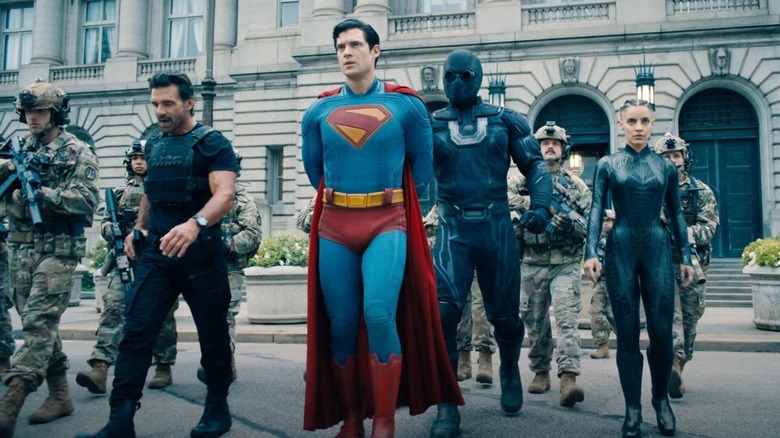 Frank Grillo as Rick Flag, David Corenswet as Superman, and María Gabriela de Faría as The Engineer when Superman is arrested in Superman