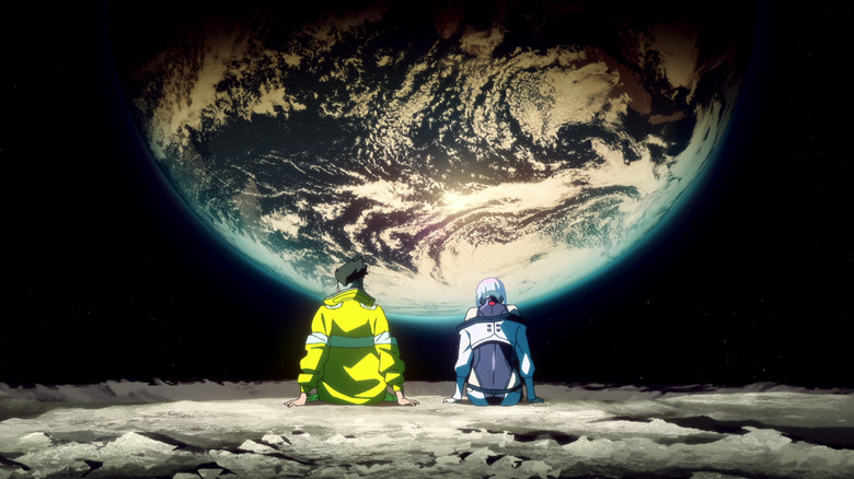 David Martinez and Lucy watch the Earth from the surface of the moon in Cyberpunk: Edgerunners