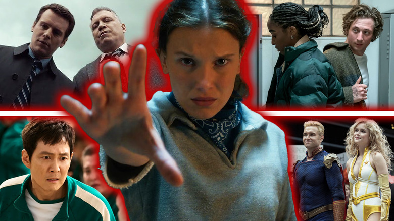 Millie Bobby Brown as Eleven using her powers in Stranger Things surrounded by shots from Mindhunter, The Bear, Squid Game, and The Boys