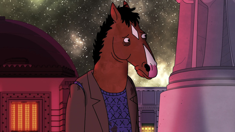 Bojack Horseman (voiced by Will Arnett) standinf outside looking disheveled and sad in Bojack Horseman