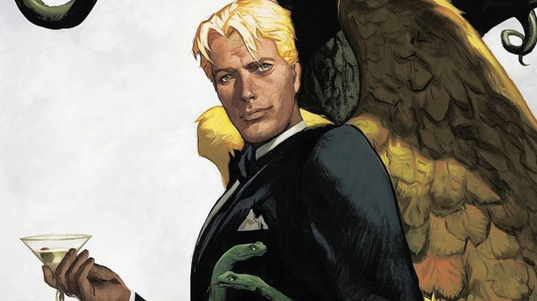 Lucifer smiles under a tree, holding a martini in DC Comics