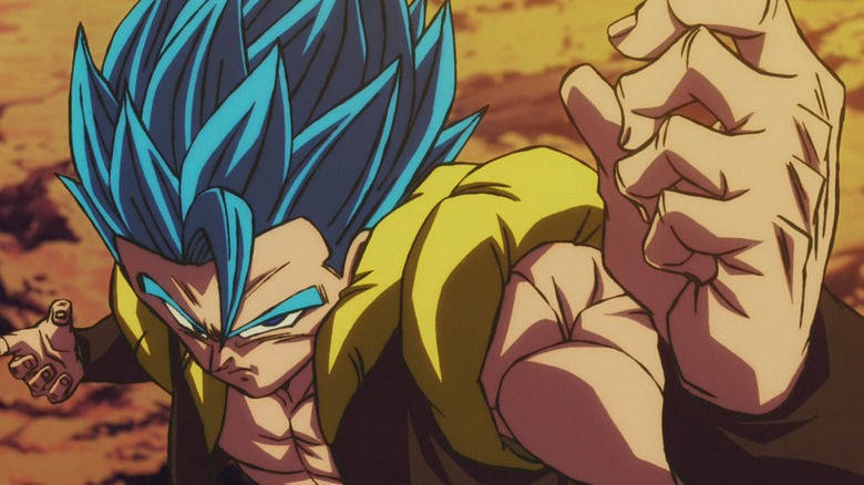 Super Saiyan Blue Gogeta holds up a fist in Dragon Ball Super: Broly