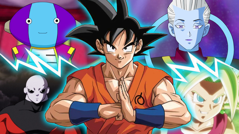 A collage of Goku in Dragon Ball Super surrounded by Grand Zeno in Dragon Ball Super, Whis in Dragon Ball Super, Kefla in Dragon Ball Super, and Jiren in Dragon Ball Super