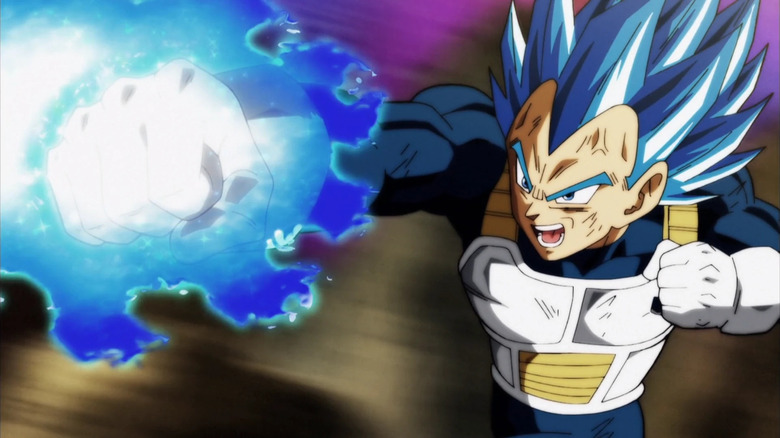 Super Saiyan Blue Evolution Vegeta throws a punch in Dragon Ball Super